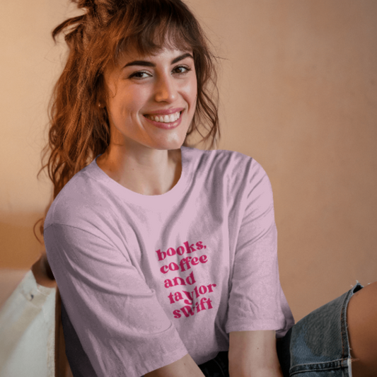 Books, Coffee & Taylor Swift | Women’s Pink T-Shirt | Bookish T-shirt